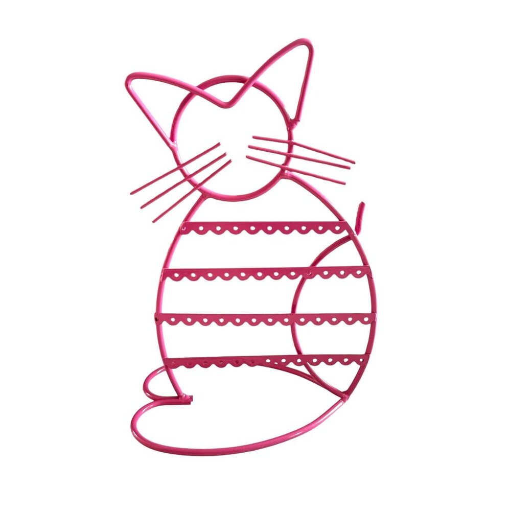 Cat-Shaped Metal Earring Holder Organizer Stand With Pink Finish